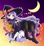  1girl :o alternate_costume azur_lane bangs black_legwear boots bow candy candy_wrapper commentary_request crescent cross-laced_footwear dress eyebrows_visible_through_hair food frilled_dress frills full_body hair_between_eyes halloween halloween_basket hat hat_bow highres lace-up_boots lollipop long_sleeves looking_at_viewer orange_bow pantyhose parted_lips purple_dress purple_footwear purple_hair purple_hat solo stuffed_alicorn sukireto swirl_lollipop unicorn_(azur_lane) violet_eyes wide_sleeves witch_hat 