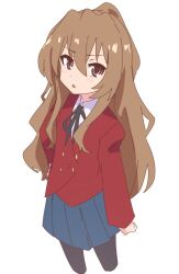  1girl aisaka_taiga arms_at_sides black_necktie black_pantyhose blonde_hair blue_skirt bluearcadegames bolo_tie brown_eyes chestnut_mouth collared_shirt cowboy_shot cropped_legs dot_nose hair_between_eyes hair_over_shoulder hand_on_own_hip jacket light_blush long_hair long_sleeves looking_at_viewer miniskirt necktie oohashi_high_school_uniform pantyhose pleated_skirt red_jacket school_uniform shirt sidelocks simple_background skirt solo standing straight_hair toradora! very_long_hair white_background white_shirt 