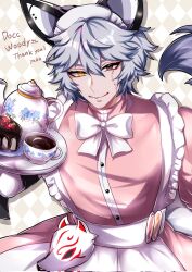 1boy apron commission crossdressing docc_woody facial_hair fluffy_hair fox_boy fox_mask frilled_apron frills heterochromia highres holding holding_tray indie_virtual_youtuber maid maid_apron maid_headdress male_focus male_maid mask open_clothes open_shirt sex_toy sharp_teeth skeb_commission stitched_face stitches teapot teeth tray virtual_youtuber yadome810 