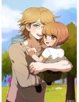  2boys blanko! blue_sky bob_cut brown_eyes brown_hair carrying child clouds dangan_ronpa dangan_ronpa_1 father_and_son fujisaki_chihiro fujisaki_taichi glasses looking_at_viewer multiple_boys open_mouth otoko_no_ko shirt short_hair sky smile t-shirt tree white_shirt yellow_eyes younger zettai_zetsubou_shoujo 