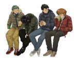  4boys ^_^ black_footwear black_hair black_jacket black_pants blue_pants blush brown_footwear brown_hair brown_jacket can closed_eyes cold crossed_ankles drinking ear_blush facing_down full_body fur-trimmed_jacket fur_trim giving green_hair hand_in_pocket highres hokari_atsushi holding holding_can hood hood_down hooded_jacket hunched_over invisible_chair jacket kageura_masato laughing lineup long_sleeves looking_at_another looking_to_the_side male_focus mask mask_pull mizukami_satoshi_(world_trigger) mouth_mask multiple_boys murakami_kou nose_blush open_clothes open_jacket own_hands_together pants red_footwear scarf shoes simple_background sitting sneakers socks soda_can spiky_hair torotakudon turtleneck v_arms warming_hands white_background white_footwear winter_clothes world_trigger yellow_pants 