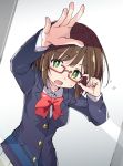  1girl blue_jacket bow bowtie brown_hair eyebrows_visible_through_hair glasses green_eyes idolmaster idolmaster_cinderella_girls ixy jacket long_sleeves looking_at_viewer maekawa_miku open_mouth red-framed_eyewear red_neckwear school_uniform short_hair solo 