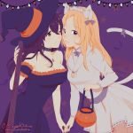  2girls animal_ears blonde_hair bracelet broom broom_riding brown_hair cat_ears cat_tail cute dancer dress halloween halloween_costume hat headband highres jack-o&#039;-lantern jewelry long_hair magical_ondine multiple_girls necklace nintendo octopath_traveler open_mouth ophilia_(octopath_traveler) ponytail primrose_azelhart pumpkin simple_background smile square_enix tail witch witch_hat 