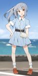  1girl alternate_costume back belt blue_dress blue_sky blush casual collared_dress dress full_body graphite_(medium) grey_hair hair_ribbon hand_on_hip highres kantai_collection kasumi_(kantai_collection) long_hair looking_at_viewer mechanical_pencil nel-c ocean open_mouth pencil ribbon road shadow shoes short_sleeves side_ponytail silver_hair sky socks traditional_media water white_legwear yellow_eyes 