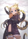  1girl abigail_williams_(fate/grand_order) bangs black_bow black_panties blonde_hair blue_eyes blush bow closed_mouth coat commentary crossed_bandaids fate/grand_order fate_(series) forehead frilled_skirt frills heroic_spirit_traveling_outfit holding holding_stuffed_animal long_hair long_sleeves looking_at_viewer miniskirt navel newey open_clothes open_coat panties pantyshot pantyshot_(standing) parted_bangs skirt sleeves_past_fingers sleeves_past_wrists solo standing stuffed_animal stuffed_toy suction_cups teddy_bear tentacle underwear yellow_bow 