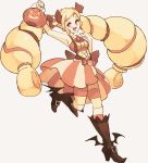  1girl :d arm_up armpits bare_arms bare_shoulders bike_shorts black_footwear blonde_hair boots bow commentary elise_(fire_emblem_if) english_commentary fire_emblem fire_emblem_heroes fire_emblem_if full_body hair_bow halloween_basket high_heel_boots high_heels knee_boots long_hair looking_at_viewer nintendo open_mouth red_eyes rtil simple_background smile solo striped striped_bike_shorts thigh-highs twintails very_long_hair white_background winged_boots 