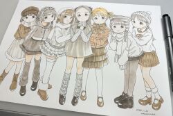  6+girls ankle_socks art_tools_in_frame artist_name baggy_socks blunt_bangs boots bow bowtie braid brown_footwear brown_hair brown_pantyhose closed_mouth dated dot_mouth dot_nose drawing_(object) dress dutch_angle full_body grey_dress grey_eyes grey_hair hat highres kneehighs leaning_forward long_hair looking_at_viewer multiple_girls nagomurasan original pantyhose pastel_(medium) photo_(medium) pleated_skirt scarf shoes short_hair sidelocks signature simple_background skirt sleeveless sleeveless_jacket sleeves_past_wrists smile socks traditional_media white_background white_pantyhose white_scarf white_socks winter_clothes 