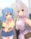  2girls absurdres alternate_costume bag between_breasts blue_eyes blue_hair blush breasts building casual collarbone dress eyebrows_visible_through_hair eyes_visible_through_hair hair_ornament hairpin hamakaze_(kantai_collection) handbag highres kantai_collection large_breasts leaning_forward line_(naver) looking_at_viewer multiple_girls one_eye_covered open_mouth sarfata self_shot shopping_bag short_hair short_shorts shorts silver_hair sky smile standing strap_cleavage urakaze_(kantai_collection) v white_hair 