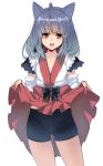 1girl ahoge animal_ears bike_shorts cowboy_shot detached_sleeves frills grey_hair highres japanese_clothes lifted_by_self long_hair masao miko open_mouth original pleated_skirt red_eyes skirt skirt_lift solo standing white_background 