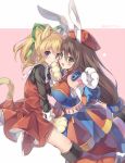  2girls :3 android animal_ears aqua_eyes bangs beret blonde_hair blue_eyes blush breasts brown_hair bunny_paws capcom cat_ears cat_paws cat_tail dress hair_between_eyes hair_ribbon hat iris_(rockman_x) long_hair long_sleeves looking_at_viewer multiple_girls open_mouth paws ponytail rabbit_ears red_dress red_footwear rento_(rukeai) ribbon rockman rockman_(classic) rockman_x rockman_x4 roll simple_background smile tail very_long_hair 