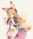  1girl animal_ears bare_legs blonde_hair capelet commentary_request dress expressionless flower_knight_girl fox_ears fox_tail frilled_capelet frilled_dress frills hair_ribbon hairband hat hood hood_up jacket kitsune_no_botan_(flower_knight_girl) long_hair long_sleeves mini_hat mini_top_hat multiple_tails parted_lips red_eyes ribbon sabakamen short_dress tail tied_hair top_hat two_tails 