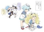  4girls aka_ringo aqua_neckwear aqua_skirt black_legwear black_ribbon blonde_hair blue_eyes blue_hair blue_sailor_collar blue_shirt breast_pocket breasts brown_eyes brown_hair catfight collared_shirt daitou_(kantai_collection) depth_charge dixie_cup_hat double_bun dress full_body gambier_bay_(kantai_collection) gloves gradient_hair hairband hat hat_ribbon kantai_collection large_breasts long_sleeves military_hat miniskirt multicolored multicolored_clothes multicolored_gloves multicolored_hair multiple_girls neckerchief pantyhose pleated_skirt pocket ponytail ribbon sado_(kantai_collection) sailor_collar sailor_dress samuel_b._roberts_(kantai_collection) school_uniform serafuku shirt short_hair simple_background sitting skirt sleeve_cuffs tearing_up thigh-highs torn_clothes translation_request twintails wariza whale white_background white_hat white_legwear white_shirt 