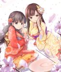  2girls akisaka_yamoka bangs black_hair blunt_bangs blush brown_eyes brown_hair commentary_request eyebrows_visible_through_hair floral_print flower grey_eyes hair_flower hair_ornament hand_on_own_cheek highres idolmaster idolmaster_cinderella_girls incense japanese_clothes kanzashi kimono kobayakawa_sae long_hair looking_at_viewer lying mizumoto_yukari multiple_girls obi on_side parted_lips petals sash smile 