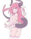  1girl :d ass bangs bare_arms bare_shoulders bikini blade_(galaxist) blush breasts commentary_request cowboy_shot curled_horns dragon_girl dragon_horns dragon_tail elizabeth_bathory_(fate) elizabeth_bathory_(fate)_(all) eyebrows_visible_through_hair fate/extra fate/extra_ccc fate_(series) hair_between_eyes hair_ribbon horns long_hair looking_at_viewer looking_back open_mouth pink_hair ribbon small_breasts smile solo standing swimsuit tail tail_raised thigh-highs two_side_up very_long_hair violet_eyes white_bikini white_legwear white_ribbon 