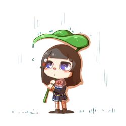  1girl animal_crossing_(style) black_footwear black_hair black_jacket black_skirt blazer blush_stickers bow chibi closed_mouth collared_shirt full_body holding holding_leaf jacket leaf leaf_umbrella loafers long_hair long_sleeves nijisanji pink_bow pleated_skirt rain rebecca_(keinelove) school_uniform shadow shirt shoes simple_background skirt solo standing thigh-highs tsukino_mito tsukino_mito_(1st_costume) violet_eyes virtual_youtuber white_background white_bow white_thighhighs 