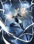  1girl blonde_hair bodysuit boots clouds covered_navel dc_comics electricity kike1988 lipstick livewire makeup rain short_hair solo teeth white_eyes white_skin 