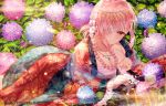  1girl absurdres bandage_over_one_eye bangs blush braid breasts bug butterfly cleavage closed_mouth commentary_request day eyebrows_visible_through_hair fate/grand_order fate_(series) floral_print florence_nightingale_(fate/grand_order) flower hair_flower hair_ornament hair_over_one_eye highres hydrangea insect junpaku_karen long_hair long_sleeves looking_at_viewer lying medium_breasts on_stomach outdoors pink_flower pink_hair pixiv_id purple_flower red_eyes shallow_water sidelocks solo water weapon white_flower wide_sleeves 