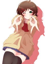  1girl ;) absurdres ahoge black_thighhighs blue_skirt blush brown_hair cardigan clark_grimms commentary_request double_gyaru_v gyaru_v highres idolmaster idolmaster_million_live! kinoshita_hinata long_sleeves looking_at_viewer neck_ribbon one_eye_closed pleated_skirt red_ribbon ribbon simple_background skirt smile solo thigh-highs v white_background yellow_cardigan zettai_ryouiki 