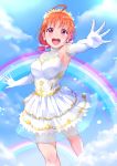  1girl :d ahoge bare_shoulders blush braid clouds collarbone dress elbow_gloves flower gloves hair_flower hair_ornament highres kanabun looking_at_viewer love_live! love_live!_sunshine!! low_twintails open_mouth orange_hair outstretched_arm rainbow red_eyes see-through side_braid smile solo takami_chika thank_you_friends!! twintails white_dress white_gloves 