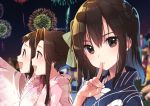  3girls :d alternate_costume brown_eyes brown_hair finger_to_mouth fingernails fireworks hair_between_eyes hair_intakes half_updo japanese_clothes jintsuu_(kantai_collection) kantai_collection kimono koruri long_hair multiple_girls naka_(kantai_collection) night night_sky open_mouth sendai_(kantai_collection) short_hair sky smile two_side_up wide_sleeves wristband yukata 