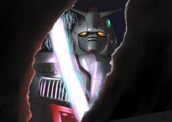  beam_saber crack damaged energy energy_sword glint glowing glowing_eyes gundam gundam_ex gundam_requiem_for_vengeance looking_at_viewer machinery mecha mecha_focus mixed-language_commentary mobile_suit no_humans realistic reflection robot science_fiction sparks sword v-fin weapon yellow_eyes 