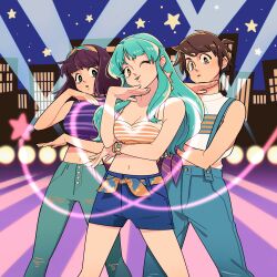  1boy 2girls aqua_hair blue_shorts blunt_bangs bracelet brown_eyes brown_hair commentary cowboy_shot crop_top denim earrings heart highres jeans jewelry long_hair lum miyake_shinobu moroboshi_ataru multiple_girls night night_sky one_eye_closed pants short_hair shorts sky smile spotlight star_(symbol) suspenders symbol-only_commentary tweetyq1961 urusei_yatsura 