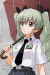  1girl :o adapted_uniform anchovy anzio_school_uniform artist_name bangs belt black_belt black_neckwear black_ribbon black_skirt brown_umbrella commentary cursive dated dress_shirt drill_hair emblem eyebrows_visible_through_hair girls_und_panzer green_hair grey_background hair_ribbon holding holding_umbrella long_hair long_sleeves looking_to_the_side matsui_yasutsugu necktie outdoors parted_lips pleated_skirt rain red_eyes ribbon school_uniform shirt short_sleeves signature skirt solo standing summer_uniform twin_drills twintails umbrella upper_body white_shirt 