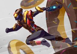  1boy absurdres armor boots commentary_request doughnut doumaru energy_gun food highres kamen_rider kamen_rider_gavv_(series) kamen_rider_valen otokamu solo sprinkles watermark weapon 