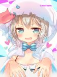 1girl aoba_moca bang_dream! bangs blue_eyes blue_neckwear blush bow bowtie breasts cleavage collarbone commentary_request ghost_costume ghost_pose grey_hair heart hood hood_up looking_at_viewer marshmallow_mille medium_breasts open_mouth short_hair smile solo striped_neckwear tongue tongue_out twitter_username upper_body v-shaped_eyebrows wavy_mouth