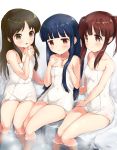  3girls :o arm_support bangs bare_arms bare_shoulders black_hair blush breasts brown_eyes brown_hair closed_mouth collarbone commentary_request eyebrows_visible_through_hair head_tilt highres idolmaster idolmaster_cinderella_girls idolmaster_cinderella_girls_starlight_stage kuroba_aki long_hair multiple_girls ogata_chieri onsen parted_bangs parted_lips red_eyes rock sajou_yukimi sitting small_breasts smile soaking_feet tachibana_arisu very_long_hair water 