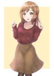  1girl :d bangs beige_background black_legwear blush breasts brown_hair brown_skirt brown_sweater collarbone commentary_request eyebrows_visible_through_hair hair_ornament hairclip hands_up highres kunikida_hanamaru long_hair long_sleeves love_live! love_live!_sunshine!! open_mouth pantyhose sin_(sin52y) skirt sleeves_past_wrists small_breasts smile solo sweater two-tone_background white_background yellow_eyes 