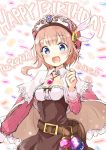  1girl :d absurdres atelier_(series) atelier_rorona belt blue_eyes blush brown_dress brown_hair capelet character_name confetti dated dress happy_birthday hat highres jewelry looking_at_viewer minidraco necklace open_mouth rororina_fryxell short_hair simple_background smile solo upper_body white_background 