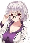  1girl bespectacled black-framed_eyewear breasts cleavage collarbone eyebrows_visible_through_hair glasses hand_on_eyewear jacket kishin_sagume large_breasts long_sleeves looking_at_viewer purple_shirt red_eyes shirt short_hair silver_hair simple_background single_wing smile solo taishi_(moriverine) touhou upper_body white_background white_jacket white_wings wings 