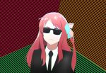  1girl ahoge black_neckwear black_suit bow commentary cosplay dress_shirt eminem eminem_(cosplay) english_commentary formal hair_bow hair_ornament hakugin006 long_hair minamoto_sakura necktie redhead shirt solo striped striped_background sunglasses white_shirt zombieland_saga 