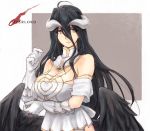  ahoge albedo bare_shoulders black_feathers black_wings breasts cleavage demon_girl demon_horns demon_wings detached_collar dress eyebrows_visible_through_hair feathered_wings feathers gloves hair_between_eyes hip_vent horns large_breasts low_wings overlord_(maruyama) parted_lips slit_pupils user_xgpy8228 white_dress white_gloves wings yellow_eyes 
