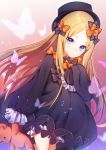  1girl abigail_williams_(fate/grand_order) black_bow black_dress black_hat blonde_hair bloomers blue_eyes bow bug butterfly dress expressionless fate/grand_order fate_(series) hair_bow hand_on_own_chest hat highres holding holding_stuffed_animal insect long_hair looking_at_viewer orange_bow popupi sleeves_past_fingers sleeves_past_wrists solo stuffed_animal stuffed_toy teddy_bear underwear very_long_hair 