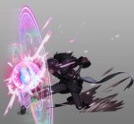  1boy absurdres belt black_hair blood blue_eyes casting_spell dungeon_and_fighter frank_lee_(dfgh132) fur_trim gloves glowing glowing_eyes highres male_focus male_mage_(dungeon_and_fighter) pointy_ears simple_background solo 
