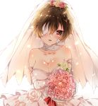  1girl :o bandage_on_face bare_shoulders blush bouquet breasts bridal_veil brown_hair cleavage copyright_request dress flower hair_between_eyes hair_flower hair_ornament looking_at_viewer pink_flower raimu_(yuzu-raimu) upper_body veil wedding_dress white_flower 