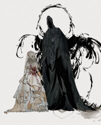  2girls black_robe blood blood_on_hands blood_on_stomach blood_splatter bloodborne closed_mouth commentary dagger drenched-in-sunlight dress english_commentary faceless faceless_female feathers height_difference highres holding holding_dagger holding_hands holding_knife holding_weapon hood hood_up knife mergo's_wet_nurse multiple_girls pale_skin robe scythe smile solid_circle_eyes standing tall_female v-shaped_eyebrows veil weapon wedding_dress white_background white_dress white_hair wrist_cuffs yharnam_phtumerian_queen 