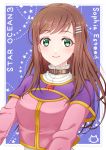  1girl ayakura_azuma brown_hair character_name copyright_name green_eyes hair_ornament hairclip highres looking_at_viewer neck_belt simple_background smile solo sophia_esteed star star_ocean star_ocean_till_the_end_of_time upper_body 