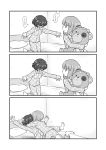  2girls akiyama_yukari bandage bed boko_(girls_und_panzer) comic girls_und_panzer glomp highres holding holding_stuffed_animal hug long_sleeves meis_(terameisu) messy_hair monochrome multiple_girls nishizumi_miho pajamas short_hair stuffed_animal stuffed_toy teddy_bear translation_request yuri 