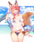  1girl animal_ear_fluff animal_ears bikini bikini_under_clothes blue_bikini breasts collarbone day fang fate/grand_order fate_(series) fox_ears fox_tail large_breasts ocean one_eye_closed open_mouth outdoors pink_hair rijjin shirt side-tie_bikini solo swimsuit tail tamamo_(fate)_(all) tamamo_no_mae_(swimsuit_lancer)_(fate) wet wet_clothes wet_shirt wet_t-shirt 