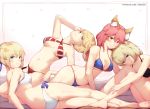 4girls animal_ear_fluff animal_ears arm_support artist_name artoria_pendragon_(all) artoria_pendragon_(swimsuit_archer) ass bangs bare_arms bare_legs bare_shoulders barefoot bikini black_bikini blonde_hair blue_bikini blue_eyes blue_ribbon braid breasts butt_crack cleavage closed_mouth collarbone commentary criss-cross_halter deru06 english_commentary eyebrows_visible_through_hair fate/grand_order fate_(series) fox_ears french_braid green_eyes groin hair_intakes hair_ribbon halter_top halterneck hand_on_own_head head_tilt jeanne_d&#039;arc_(fate)_(all) jeanne_d&#039;arc_(swimsuit_archer) kneepits knees_up large_breasts leaning_on_person legs long_hair looking_at_viewer lying medium_breasts multiple_girls navel nero_claudius_(fate)_(all) nero_claudius_(swimsuit_caster)_(fate) on_side pink_hair pixiv_fate/grand_order_contest_2 red_bikini ribbon side-tie_bikini sidelocks sitting skindentation smile soles solo striped striped_bikini swimsuit tamamo_(fate)_(all) tamamo_no_mae_(swimsuit_lancer)_(fate) thighs under_boob yellow_eyes 