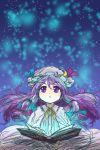  1girl absurdres blue_background book calligraphy character_name crescent crescent_moon_pin cursive english eyebrows_visible_through_hair glowing gradient gradient_background highres light_particles long_hair looking_up magic open_book patchouli_knowledge purple_hair sketch solo sonosaki_kazebayashi touhou upper_body very_long_hair violet_eyes yellow_neckwear 