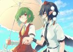  2girls ascot bangs bird_wings black_hair black_neckwear black_wings blue_sky clouds collared_shirt commentary_request feathered_wings green_hair hand_holding hat highres holding holding_umbrella juliet_sleeves kazami_yuuka long_sleeves looking_at_another multiple_girls necktie open_mouth plaid plaid_vest pointy_ears pom_pom_(clothes) puffy_sleeves red_eyes red_hat retora shameimaru_aya shirt short_hair short_sleeves sky smile tokin_hat touhou umbrella vest wings yellow_neckwear 