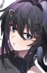  1girl arknights bangs bare_shoulders black_eyes black_hair bright_pupils eyebrows_visible_through_hair feathers hair_between_eyes hair_ornament hairclip highres la_pluma_(arknights) looking_at_viewer parted_lips portrait raw_egg_lent short_hair solo 