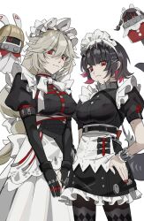  2girls absurdres alexandrina_sebastiane anastella_(zenless_zone_zero) bangboo_(zenless_zone_zero) black_hair closed_mouth colored_inner_hair cowboy_shot drusilla_(zenless_zone_zero) ellen_joe fingernails fins fish_tail gloves hair_between_eyes hair_ornament hairclip hashtag-only_commentary highres light_brown_hair looking_at_viewer maid maid_headdress multicolored_hair multiple_girls nail_polish partially_fingerless_gloves red_eyes red_nails redhead shark_girl shark_tail short_hair simple_background smile tail two-tone_hair white_background yuyouxing zenless_zone_zero 