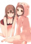  2girls :d alternate_costume alternate_hairstyle animal_costume arm_support bangs bare_legs bare_shoulders bear_costume blush boyshorts breasts brown_eyes brown_hair collarbone downblouse eyebrows_visible_through_hair fingernails grin hair_down hand_up hanging_breasts highres kantai_collection koruri leg_warmers long_hair long_sleeves looking_at_viewer looking_back multiple_girls naka_(kantai_collection) nose_blush open_mouth red_shorts sendai_(kantai_collection) shorts sitting small_breasts smile tank_top teeth twitter_username v-shaped_eyebrows white_background 
