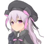  1girl bangs beret black_bow black_capelet black_gloves black_hat blush bow capelet closed_mouth eyebrows_visible_through_hair fate/extra fate_(series) fur-trimmed_capelet fur_trim gloves hair_between_eyes hand_up hat hat_bow highres long_hair nursery_rhyme_(fate/extra) purple_hair simple_background solo striped striped_bow upper_body violet_eyes white_background yakihebi 