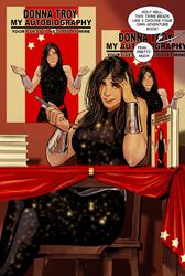  1girl black_hair bodysuit book bracelet chair character_name dc_comics donna_troy english grey_eyes jewelry long_hair shrug sitting sparkle star stjepan_sejic teeth troia 